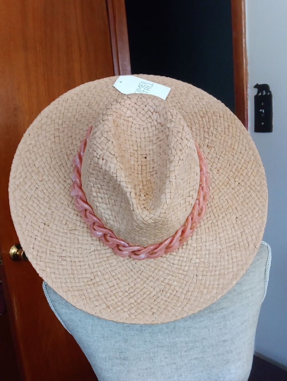 Straw Fedora Hat with Pink Chain Trim - Women's Beach Sun Hat